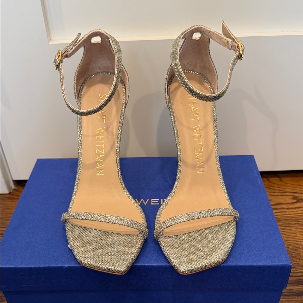 Stuart Weitzman Glittering Gold Ankle Strap Heels